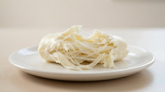 Fresh delicious turkish dil peyniri cheese pulled apart on a white plate representing dairy and traditional food