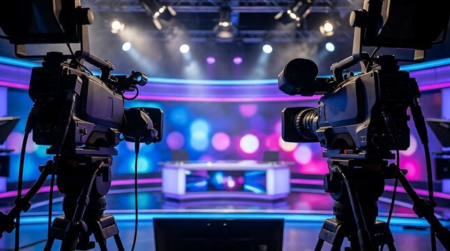 Professional television studio setup with broadcast cameras ready for action, featuring vibrant purple and blue lighting and a modern news desk, ideal for live broadcasting and media production.