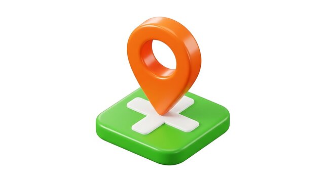 3d orange map location pin icon on a green square base with a white plus sign