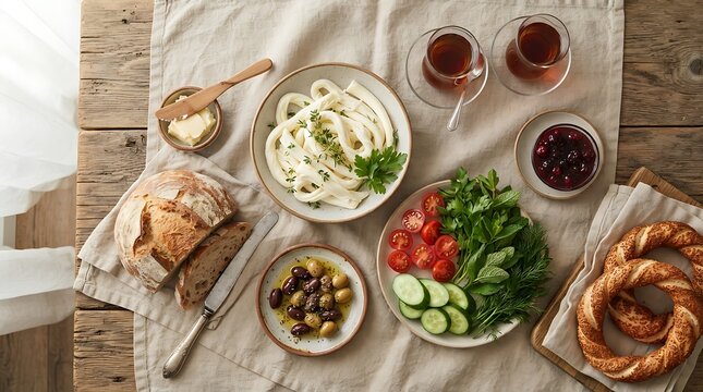 A traditional turkish breakfast spread featuring delicious dil peyniri, fresh vegetables, olives, and black tea