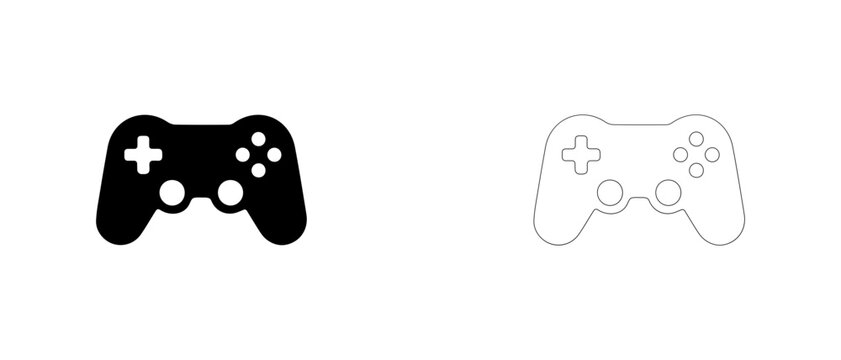 Video game console gamepad controller vector icon filled and outline, gaming joypad and play button symbol.