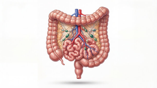 Human intestine and colon anatomy showing small intestine, mesentery, blood vessels, and lymph nodes in detailed realistic medical illustration style isolated on white background