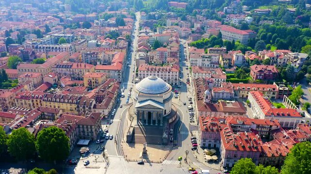 Turin, Italy. Flight over the city. Catholic Parish Church Gran Madre Di Dio. Drone footage