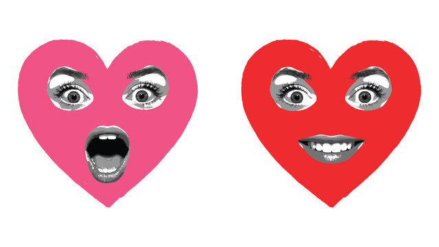 Two heart-shaped with human facial one pink heart with an open-mouthed shocked expression and one red heart with a smiling face showing teeth