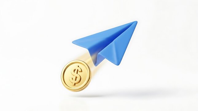 3d blue paper airplane flying with a golden dollar coin representing fast money transfer