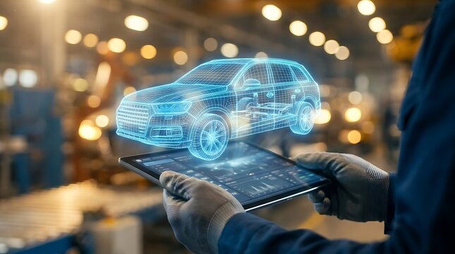 Engineer holding tablet displaying holographic 3D wireframe of car blueprint with factory background for automotive industry innovation.