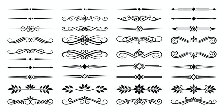 Decorative dividers and elegant ornamental borders. Vintage separators, ornate scroll elements, text delimiters, decorative frames. Vector design for invitation, certificate, retro card.