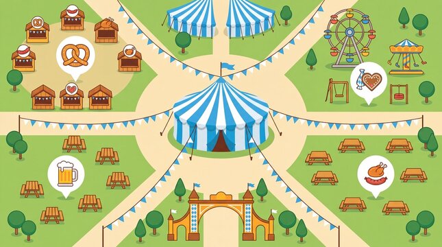A vibrant, top-down illustration of a bustling Oktoberfest fairground, complete with a large circus tent, food stalls, picnic tables, and amusement rides.
