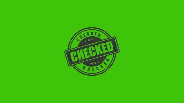 Checked stamp grunge rubber seal isolated on green screen background for video editing and compositing