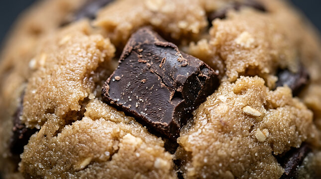 Macro shot of a delicious chocolate chip cookie with melted chocolate.