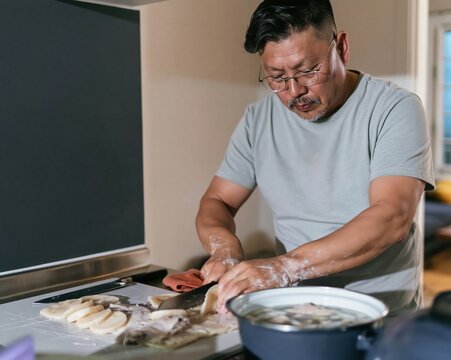 Korean man slicing pale rice cake into a blue broth pot, a calm and natural moment of Seollal home cooking with soft daylight