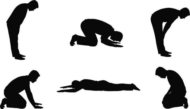 Set of black silhouettes featuring a man kneeling, bowing, and prostrating in various floor poses