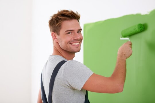 Male painter applying fresh green paint to an interior wall with a roller, smiling at the camera, wearing a casual gray shirt and dark overalls in a bright room