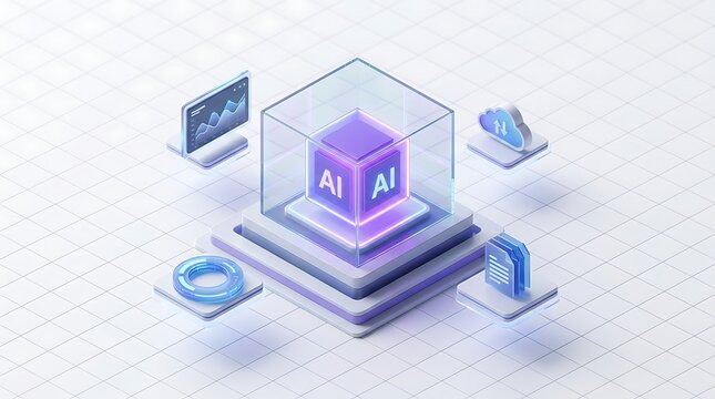 Digital artificial intelligence cube with connected icons for data analytics cloud storage documents and analysis symbolizing innovative technology solutions for business growth.