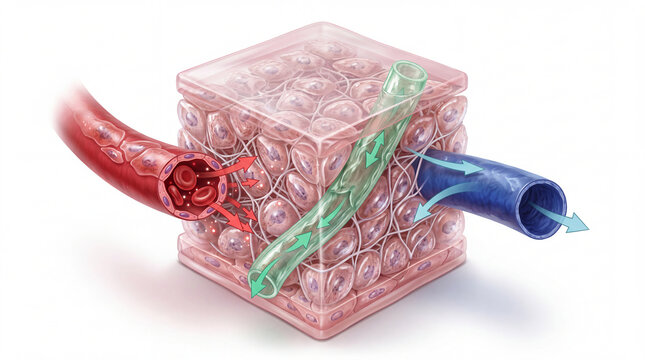 Microcirculation diagram of capillary exchange in biological tissue with blood vessels, lymphatic drainage, and extracellular matrix in 3D illustration style for medical education