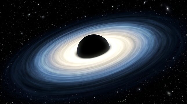 Artist's concept of a black hole in deep space, showing accretion disk with swirling blue and white light, amidst a field of distant stars, scientific visualization.
