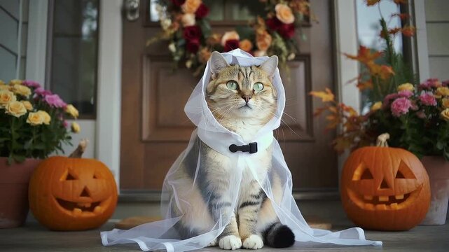 Cat in costume on Halloween with pumpkins and flowers in front of a house