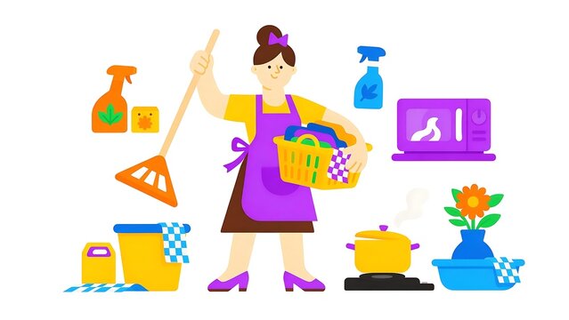 Vector illustration of a housewife wearing an apron multitasking, handling cleaning supplies, a laundry basket, and a cooking pot, against a white background.
