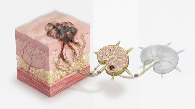 Melanoma metastasis spreading into sentinel lymph node, detailed 3d medical cross section showing malignant tumor cells invading skin layers and lymphatic vessels for oncology education