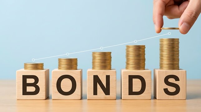 Increasing stack of gold coins on wooden blocks spelling bonds shows financial growth and investment strategy with hand adding coin on blue background symbolizing profit.