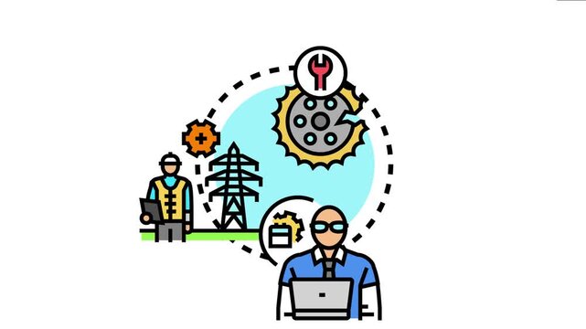 Employees performing maintenance tasks, a system under repair with a broken gear and an electricity tower, showcasing ongoing updates and service