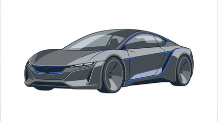 Fototapeta premium Sleek futuristic electric sports car concept vector illustration isolated on white background featuring aerodynamic grey bodywork with glowing blue light accents and modern wheels.