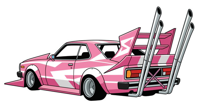 Custom vintage Japanese style modified coupe in pink and white livery with massive rear spoiler large front splitter and vertical exhaust pipes cartoon vector illustration