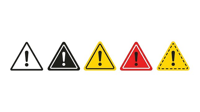 Set of five triangular caution and warning signs with exclamation marks for web and graphic design projects