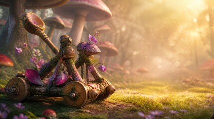 Fototapeta premium Magical Wooden Catapult in a Fantasy Forest with Giant Mushrooms