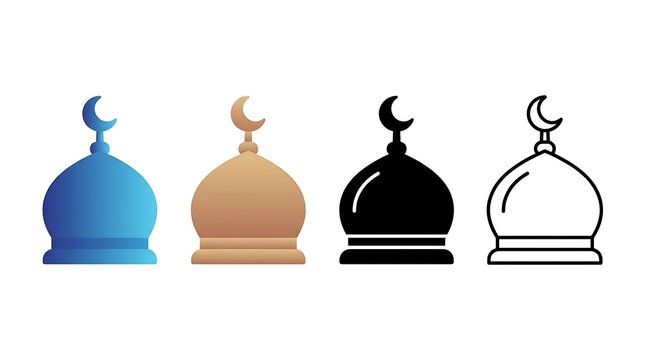 Set of four mosque dome icons with islamic crescent moon symbols in various styles and colors