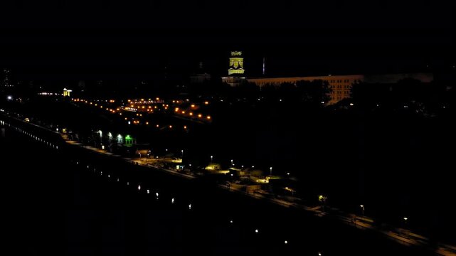 Perm, Russia. Kama river embankment in the city of Perm. Night city, Drone footage, Point of interest