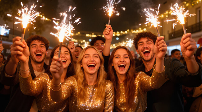 Overjoyed young people celebrating new year, holding bengal lights, having fun
