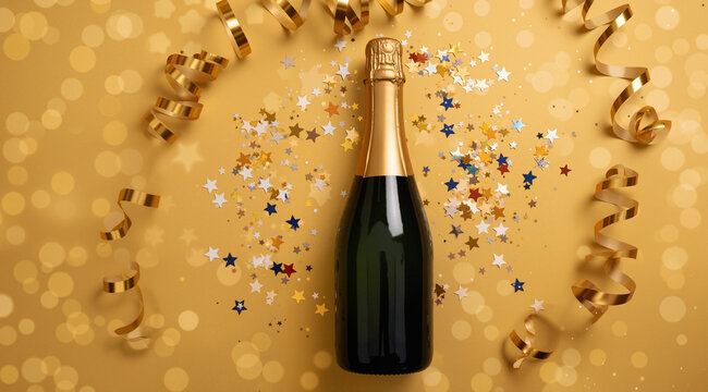 Champagne bottle with confetti stars, bokeh decoration and party streamers on golden background. Christmas, birthday or wedding concept. Flat lay.
