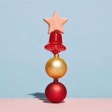 Christmas ornaments stacked in a precarious, anti-gravity tower with a glossy bell and wooden star for a whimsical holiday campaign design