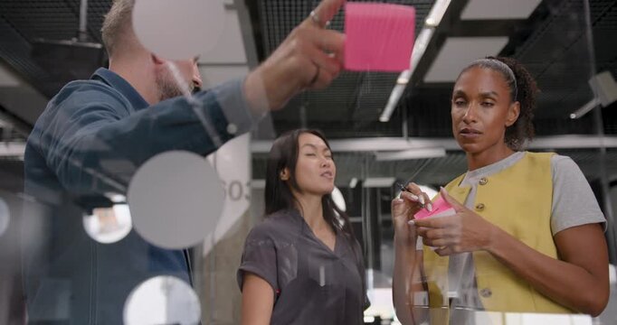 Group Discussion with Three Professionals, Business Meeting Brainstorm with Adhesive Notes