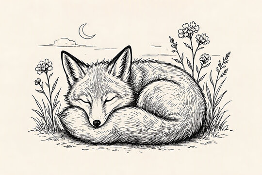 A sleeping fox curled up in nature sketch drawing with animal illustration wildlife drawing resting fox forest wildlife woodland animal ink drawing cute fox