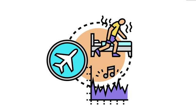 Person getting out of bed, representing a need for mental clarity and focus, with an airplane and sound wave chart symbolizing travel and environmental challenges affecting cognitive function