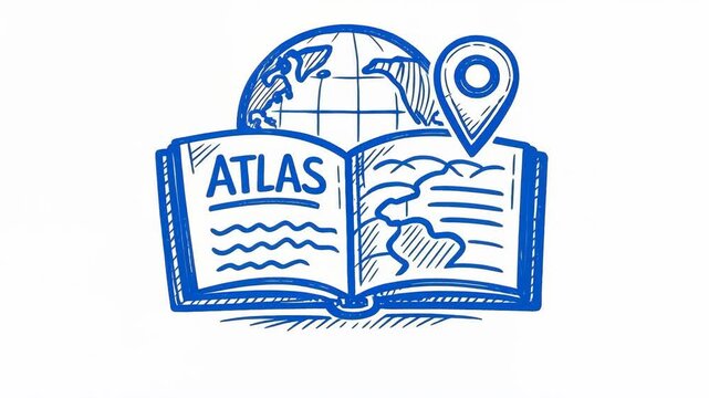 Hand-drawn atlas book with globe and location pin