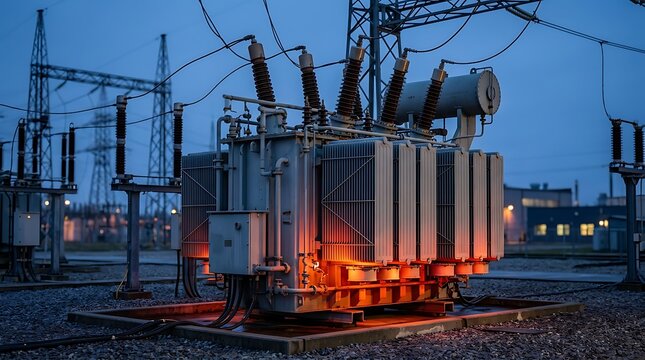 large industrial electrical transformer with power lines and substation at dusk, for power generation and distribution.