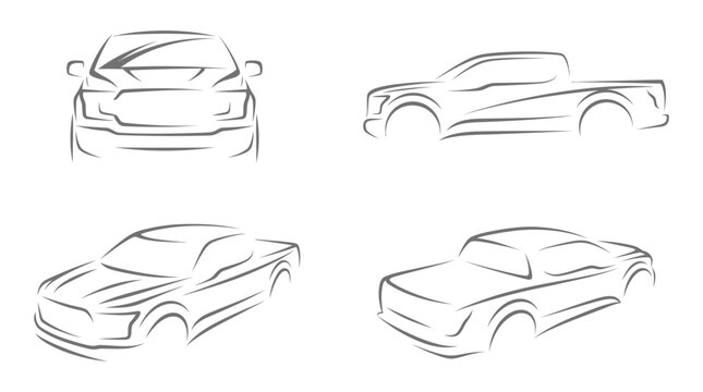 Set of ford f150 pickup truck line art drawings from different angles