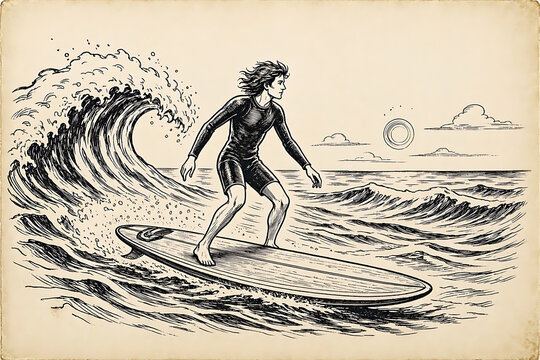 Surfer riding a big ocean wave on a surfboard with surf lifestyle sea life marine sport surfboard illustration vacation movement engraving splashing adventure