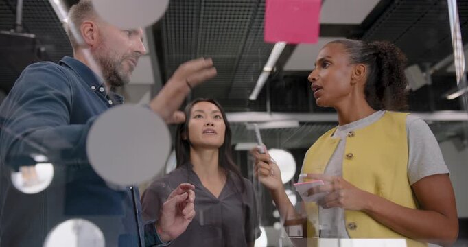 Group Discussion with Three Professionals, Business Meeting Brainstorm with Adhesive Notes