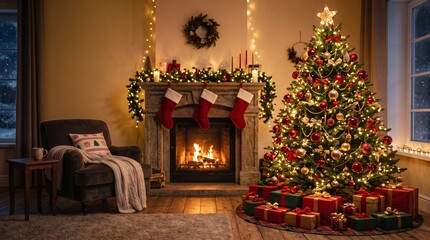 Fototapeta premium Cozy Christmas Living Room Interior with Fireplace and Decorated Tree