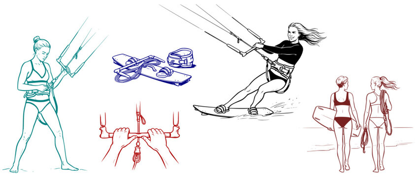 Woman kitesurfing on the beach with equipment and friends nearby - Beach vector set