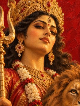 Goddess Durga with Lion and Trident, Hindu Deity Portrait