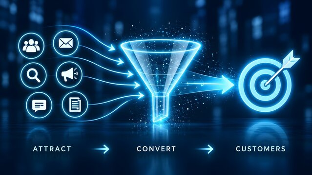 Sales funnel with icons for attract convert and customers