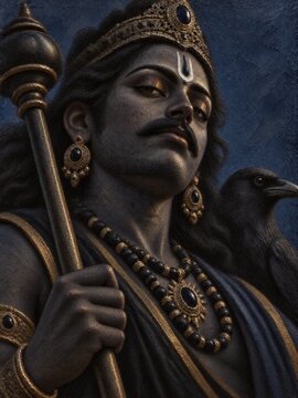 Shani Dev with Mace and Crow - Hindu Deity Art