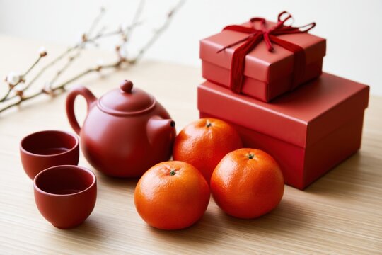 Traditional Chinese tea pot with two cups, fresh tangerines, and red gift boxes arranged elegantly on a wooden table for Lunar New Year celebration