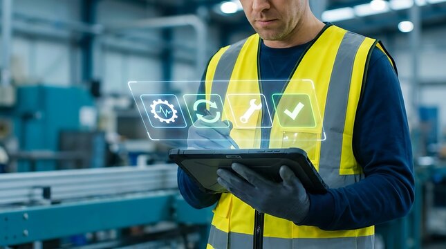 Man in high-visibility vest using tablet with holographic icons for production monitoring and quality control in industrial setting.