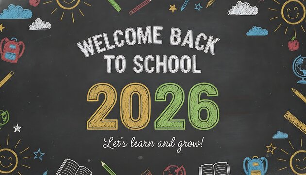 Welcome back to school 2026 chalkboard sign with hand drawn doodle border